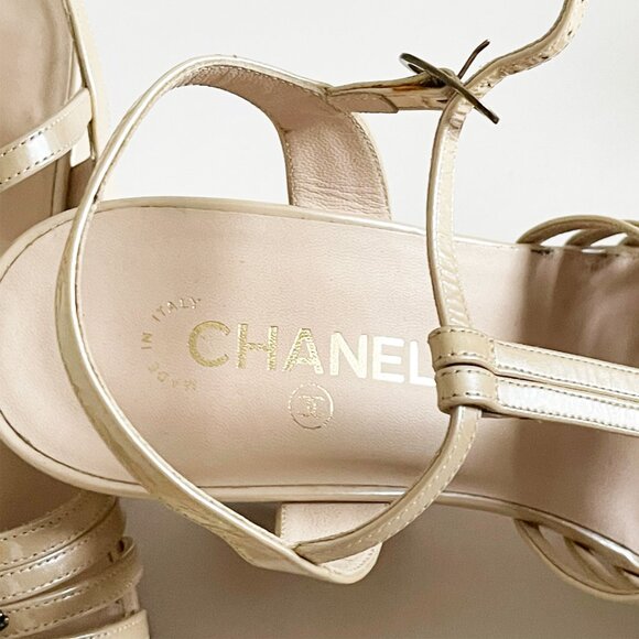 CHANEL - Authentic Interlocking CC Logo T-Strap Wedges - Picture 6 of 6